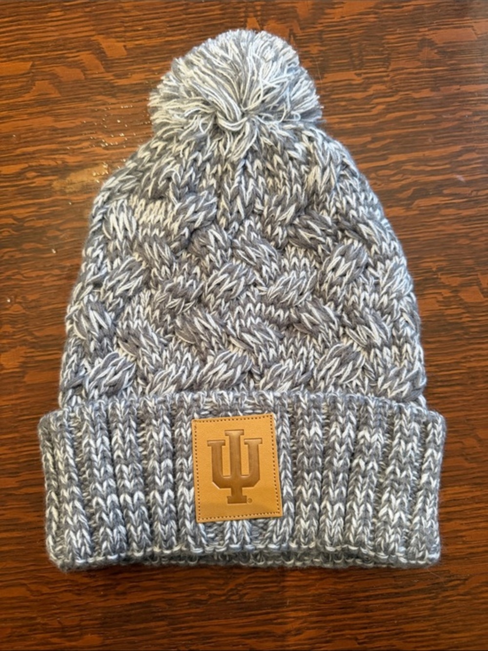 Top of the World Grey Marled Knit Beanie with IU logo in faux leather